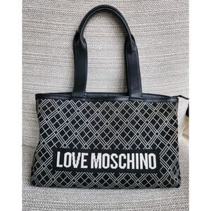Love Moschino Black & White Knit Geometric Knit Fabric PU Tote Handbag Pre-owned